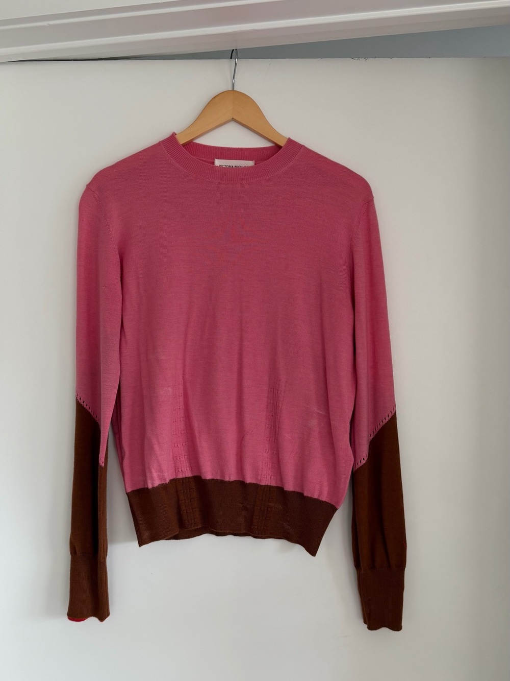 Victoria Beckham Pink & Brown Colorblock Knit Sweater Made in Italy